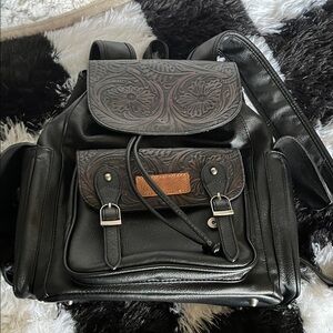 Wrangler Black Leather Backpack with Brown Floral-Tooled Flap